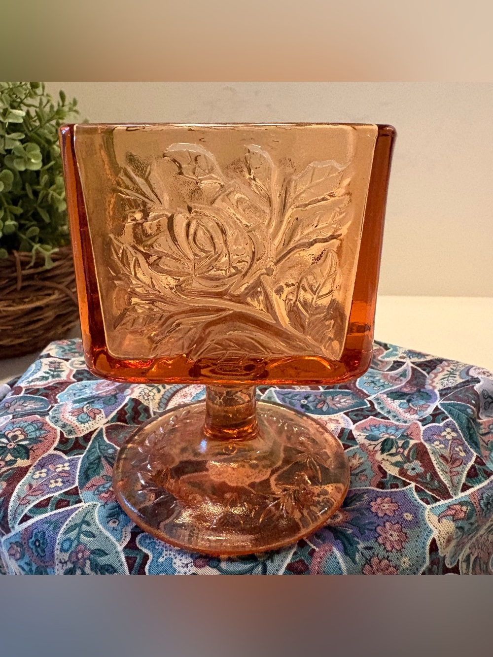 VTG Indiana glass pedestal cabbage rose pattern cigarette pack holder